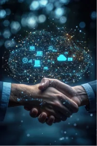A business professional discusses cloud computing solutions with a partner, highlighting collaboration and technology integration