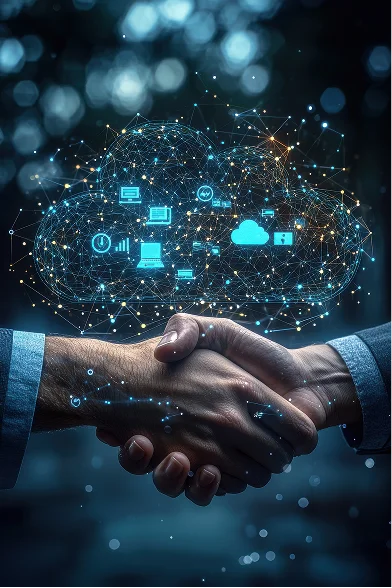 A business professional discusses cloud computing solutions with a partner, highlighting collaboration and technology integration