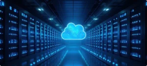 A modern data center filled with servers, illustrating cloud computing technology and infrastructure