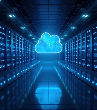 A modern data centre filled with servers, illustrating cloud computing
