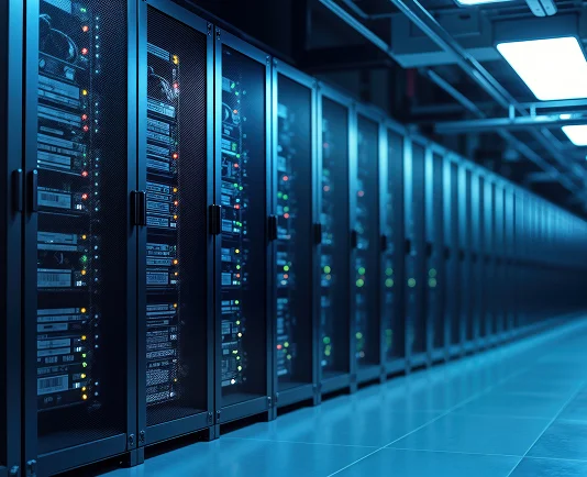 A row of servers in a data center, showcasing multiple racks filled with electronic equipment and blinking lights