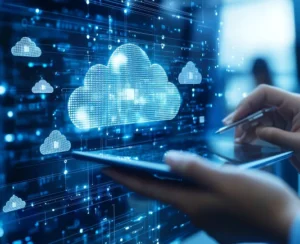 A visual representation of cloud computing, featuring interconnected devices and data flow, symbolizing business efficiency