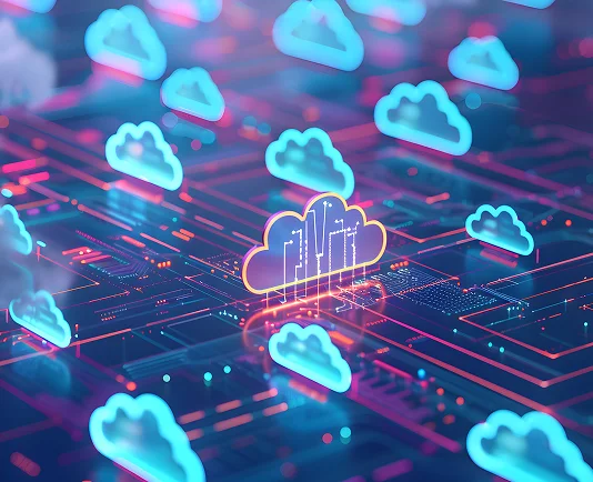 Cloud computing concept featuring a central icon surrounded by a network of interconnected clouds