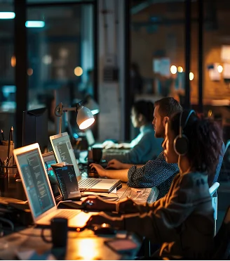 Several people seated at desks using computers in an office at night